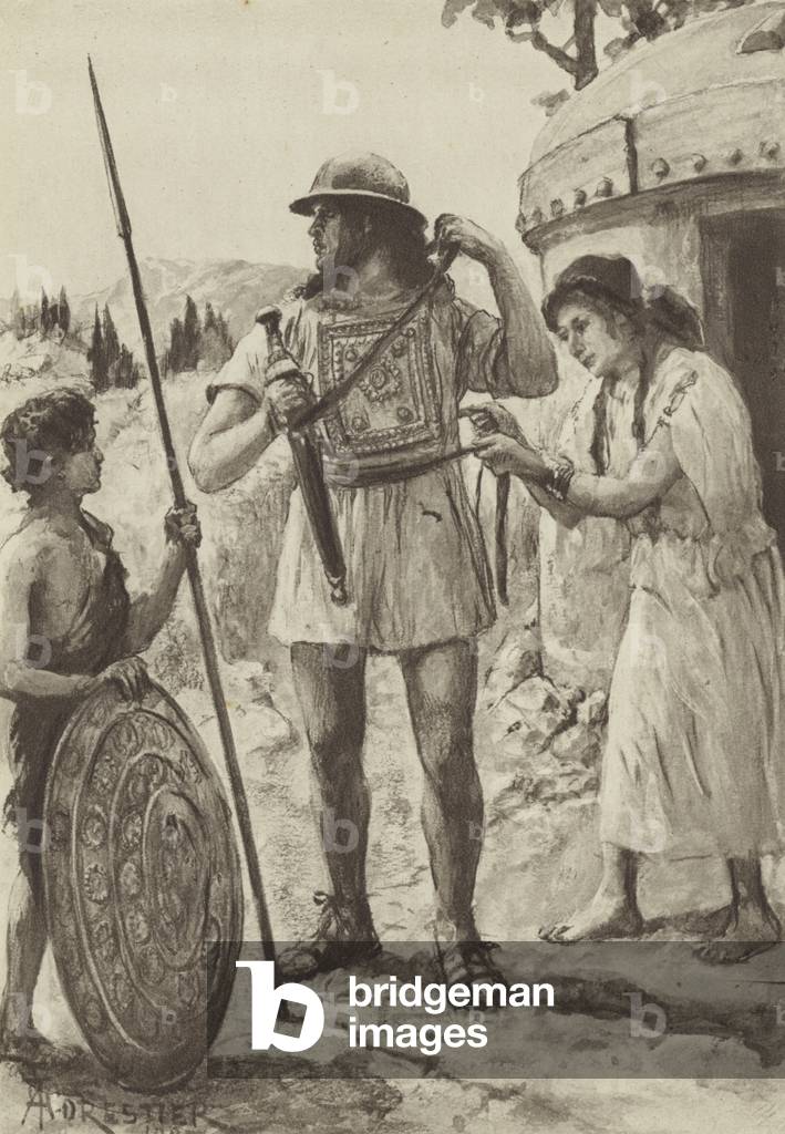 An Italic Farmer of the Bronze age arming for Battle (litho)