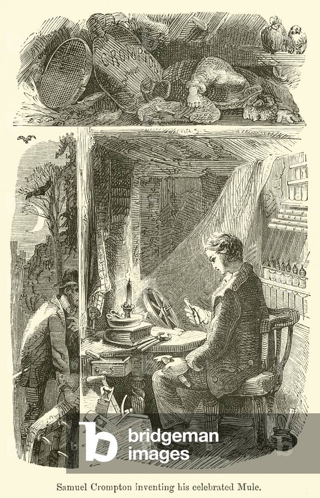 Samuel Crompton inventing his celebrated Mule (engraving)