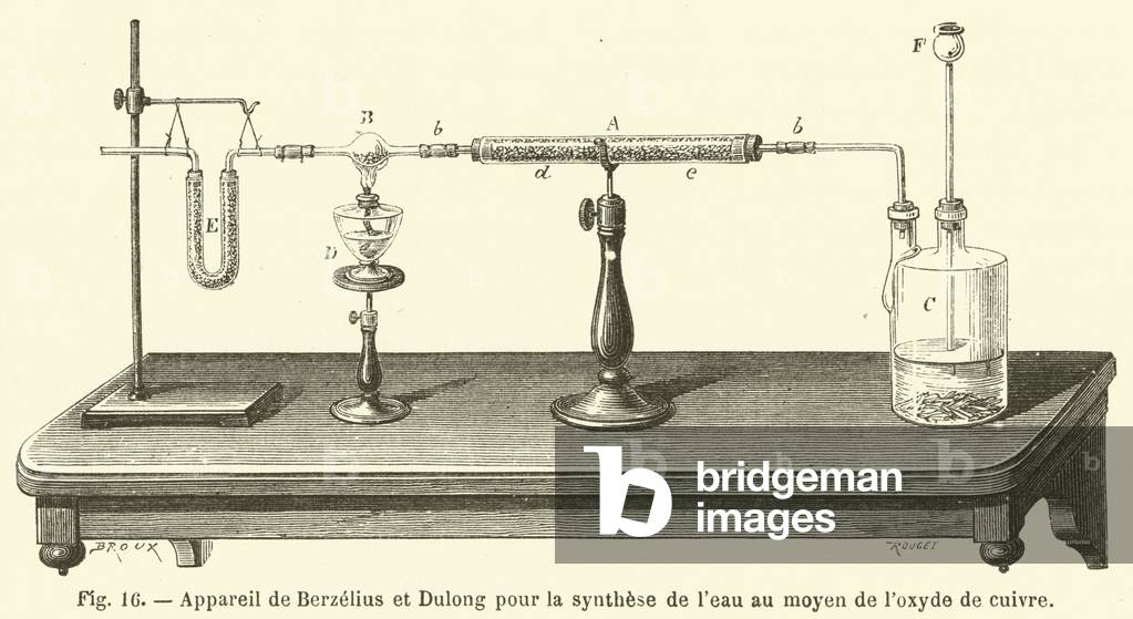Appareil de Berzelius et Dulong pour la synthese de l'eau au moyen de l'oxyde de cuivre (engraving)