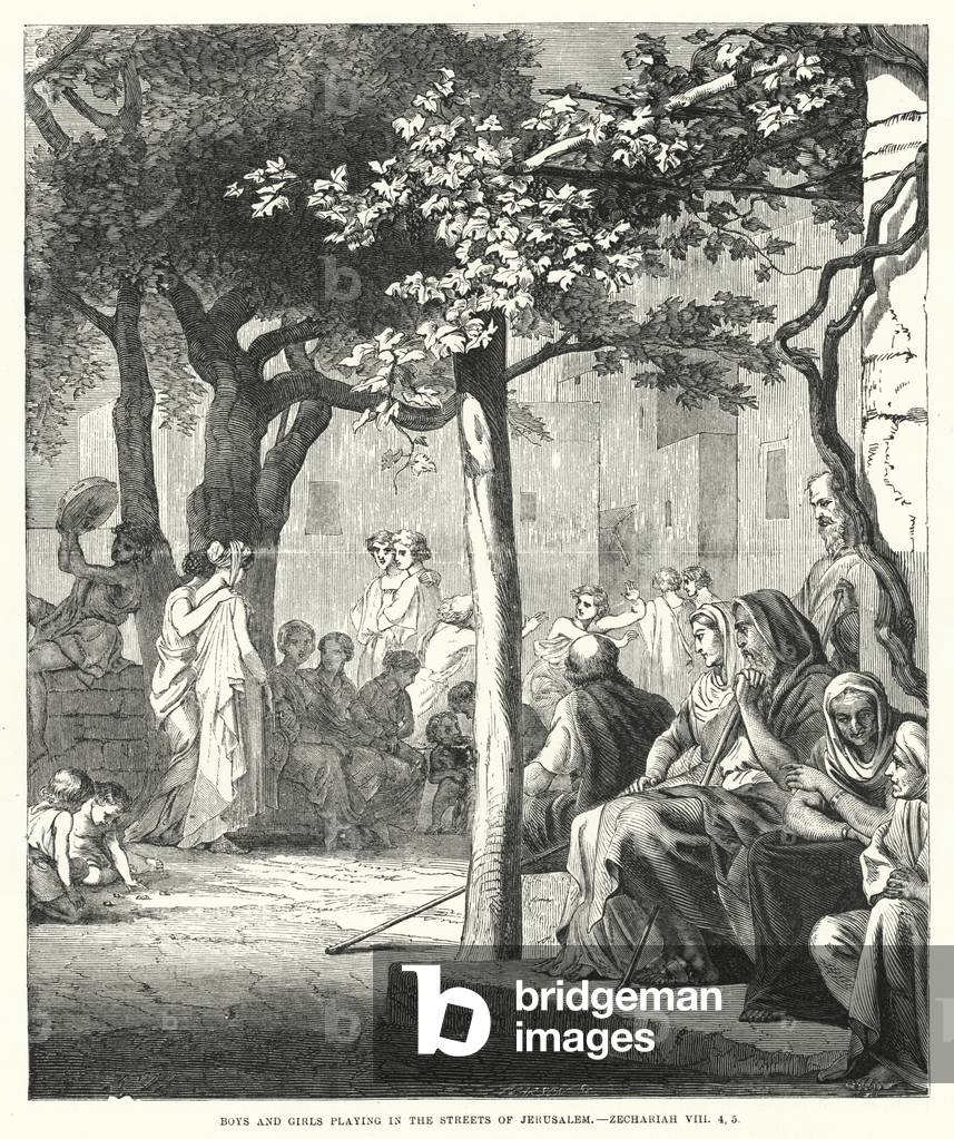 Boys and Girls playing in the Streets of Jerusalem, Zechariah VIII, 4, 5 (engraving)