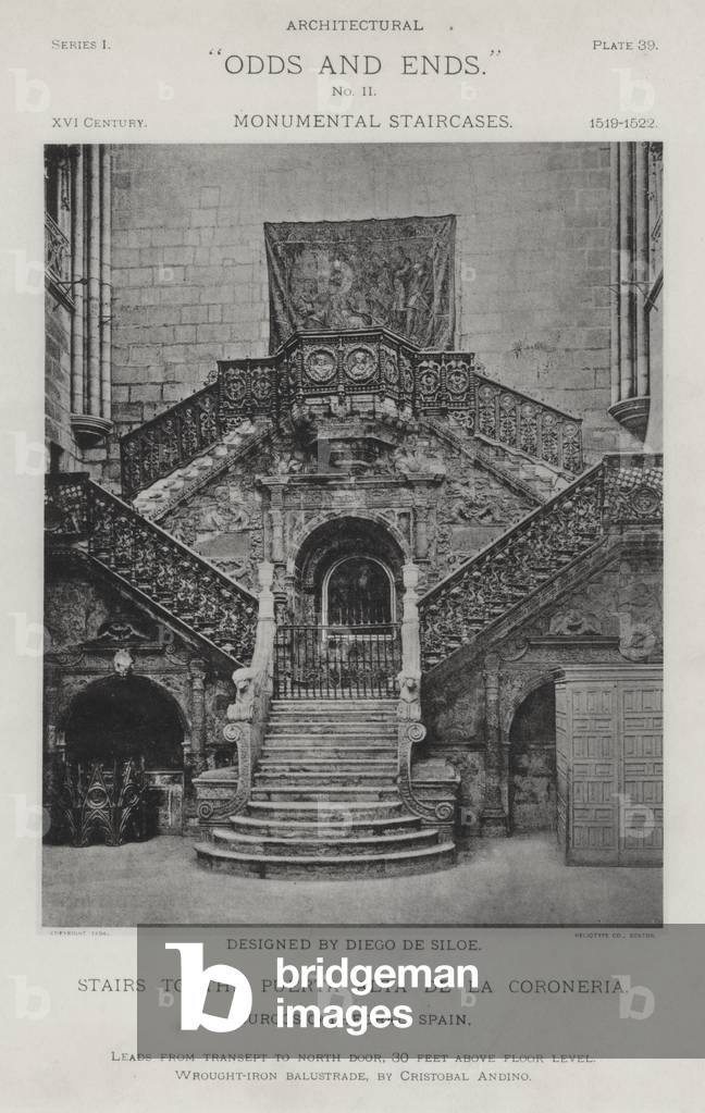 Stairs to the Puerta Alta De La Coroneria, Burgos Cathedral, Spain (b/w photo)
