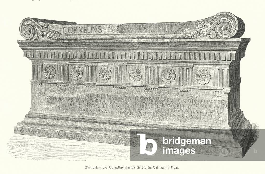 Sarcophagus of Roman soldier and consul Lucius Cornelius Scipio Barbatus in the Vatican, Rome (engraving)