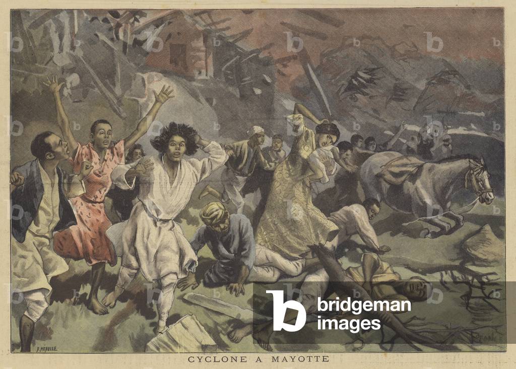Cyclone on the island of Mayotte (colour litho)