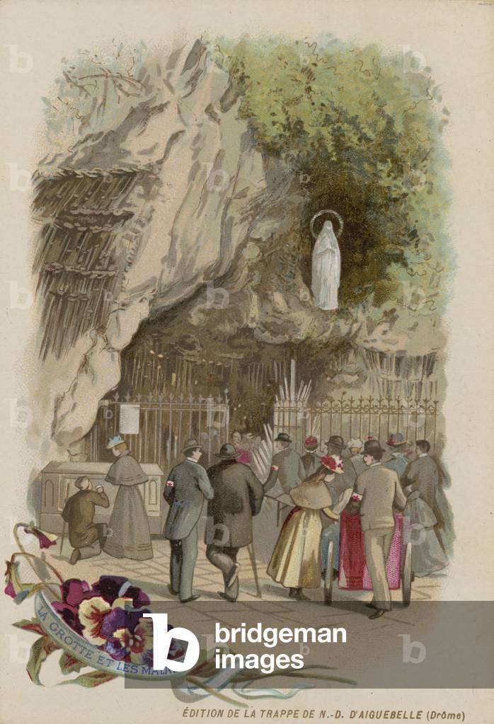 Trade card with an image of the grotto at Lourdes (chromolitho)