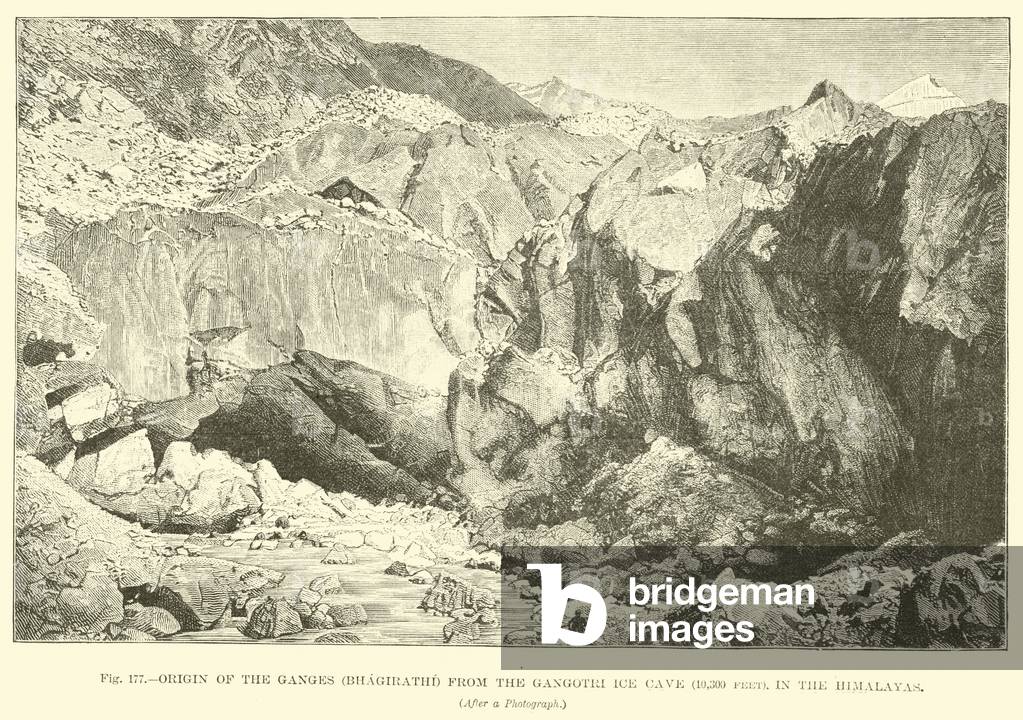 Origin of the Ganges (Bhagirathi) from the Gangotri Ice Cave (10,300 feet), in the Himalayas (engraving)