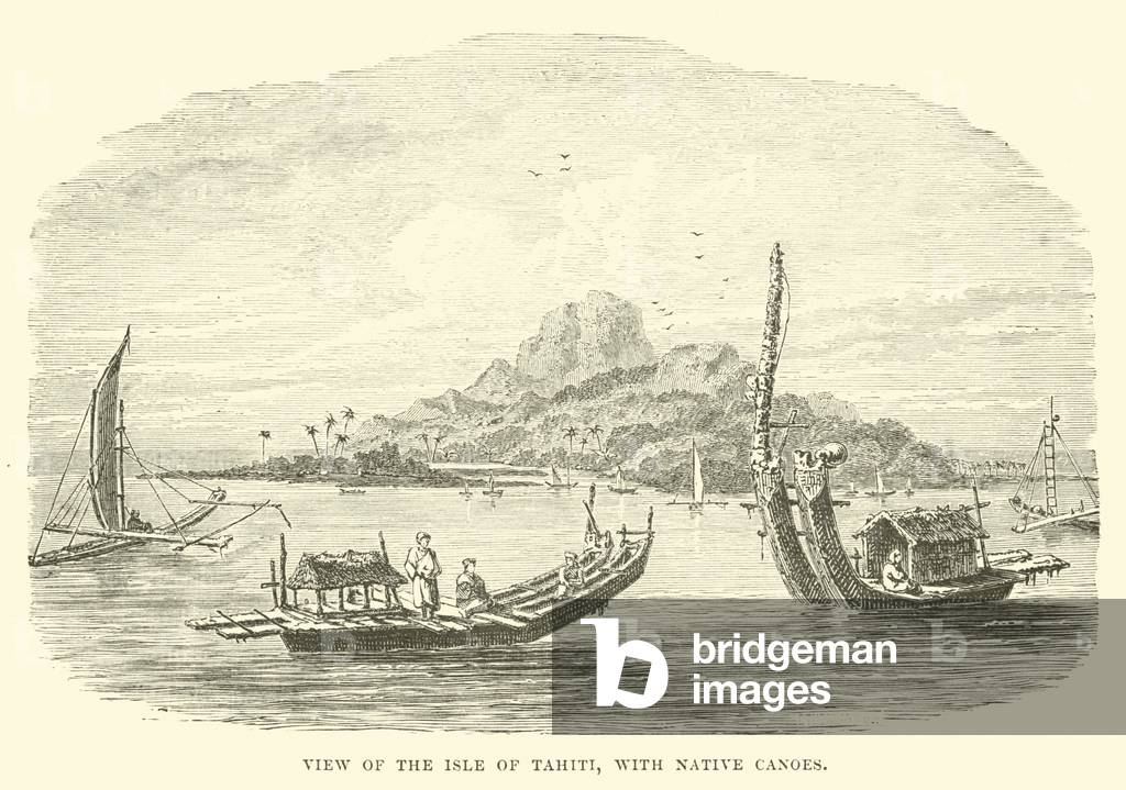 View of the Isle of Tahiti, with Native canoes (engraving)