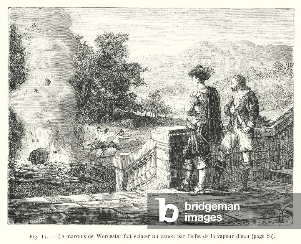 Le marquis de Worcester fait eclater un canon par l'effet de la vapeur d'eau (engraving)