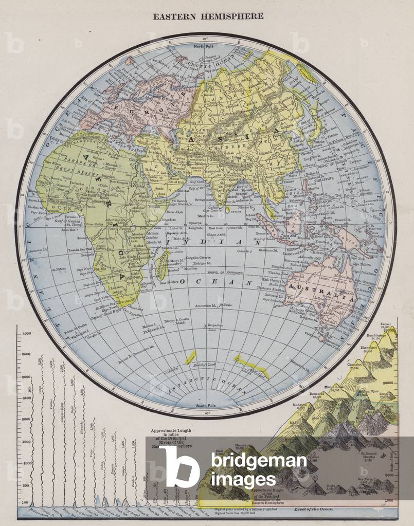 Map of the Eastern Hemisphere (coloured engraving)