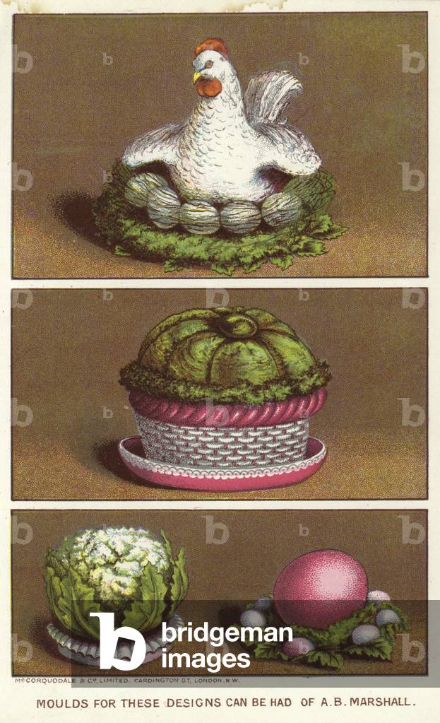 Ornamental moulds for creating iced foods in the shape of a hen and vegetables (chromolitho)