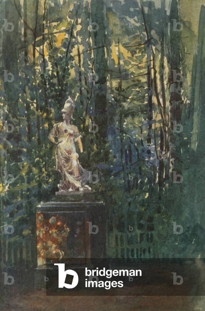 The Labyrinth, Statue of Minerva, Versailles (colour litho)