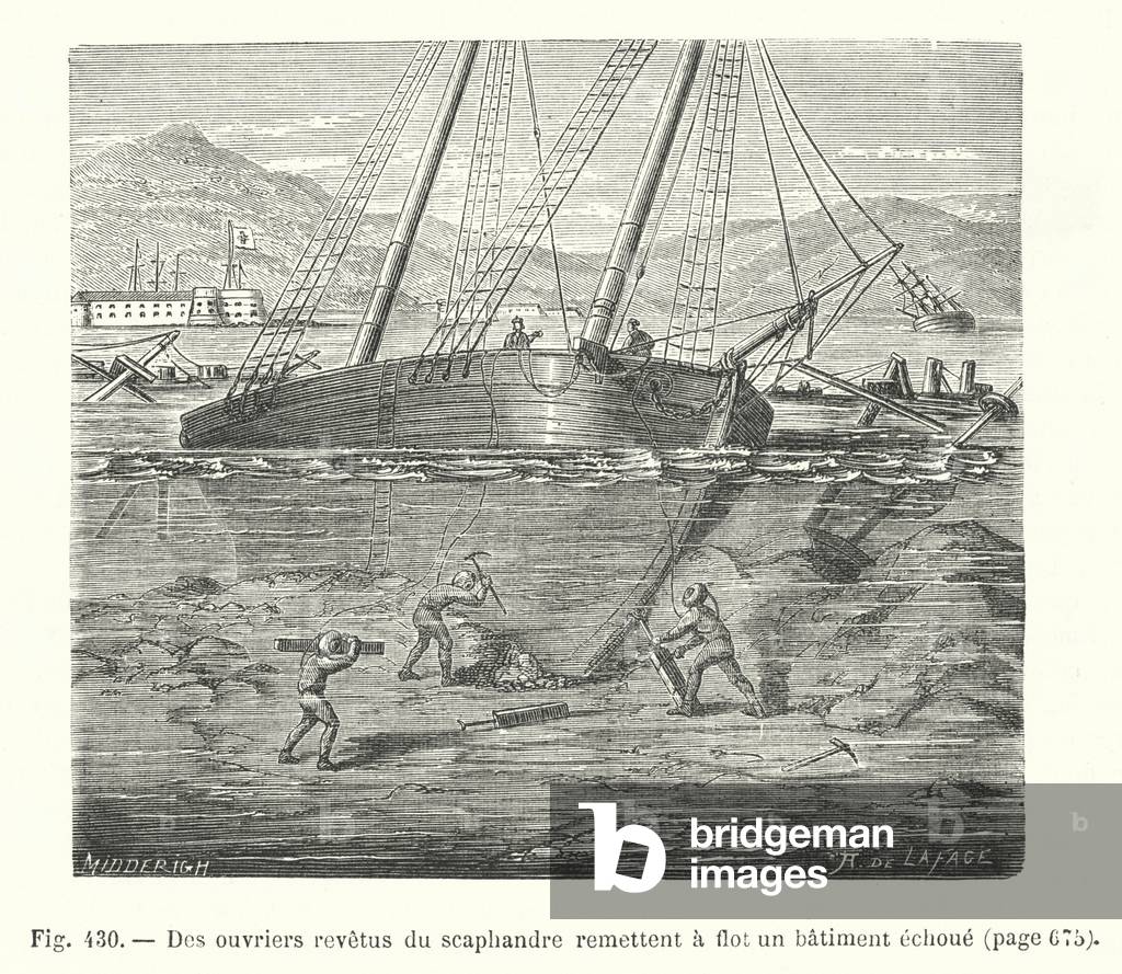 Des ouvriers revetus du scaphandre remettent a flot un batiment echoue (engraving)