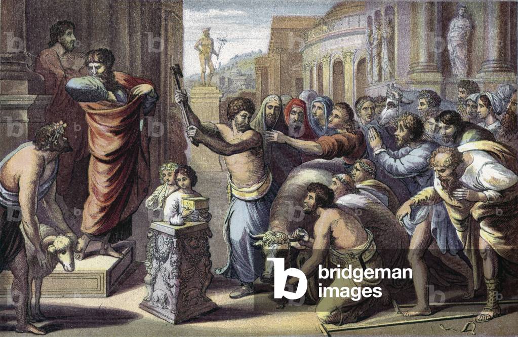 St Paul and St Barnabas at Lystra (colour litho)