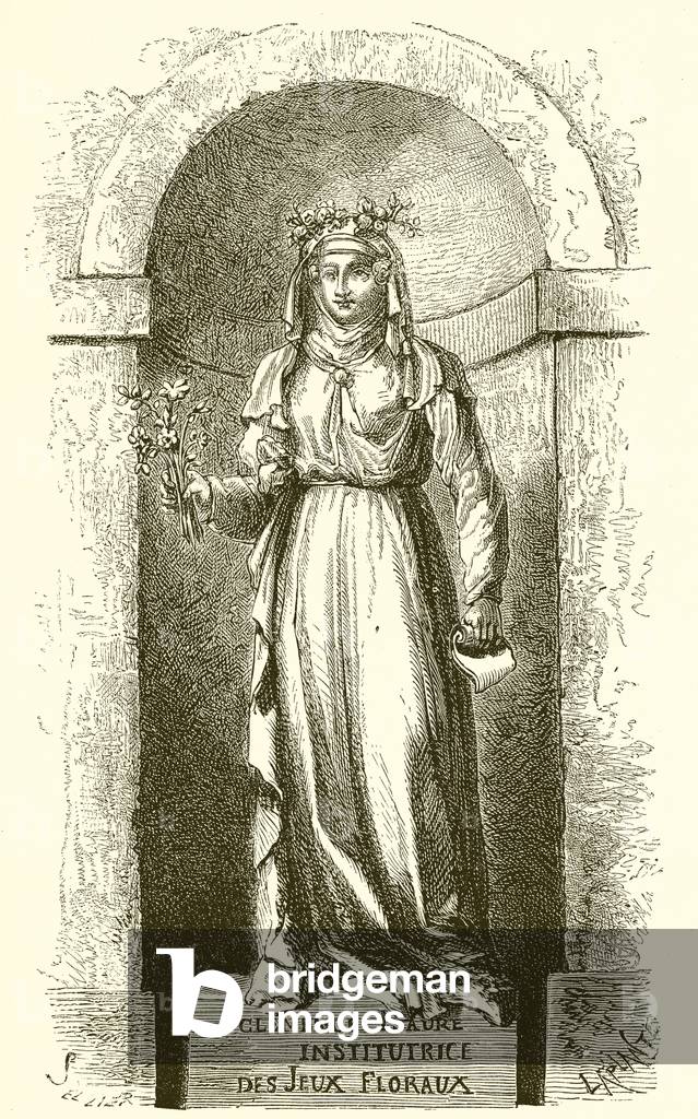 Statue of Clemence Isaure in the room of Jeux Floraux in Toulouse (engraving)