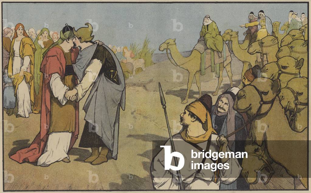 Esau Welcomes Jacob Back to his Own Country (colour litho)