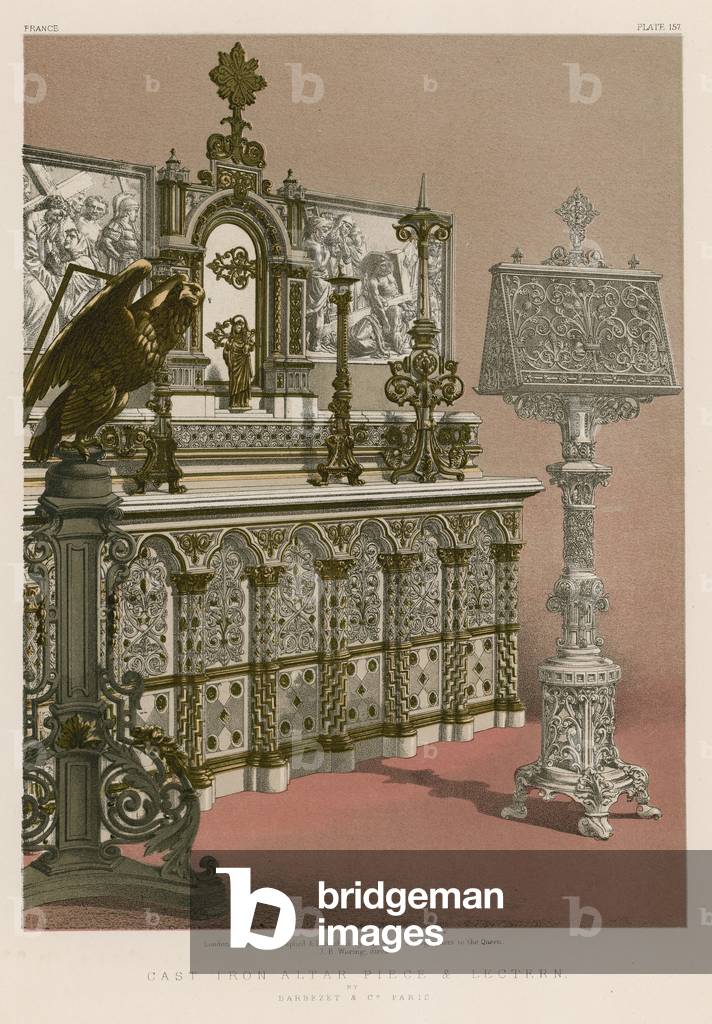 Cast Iron Altar Piece and Lectern by Barbezet and Co, Paris (chromolitho)