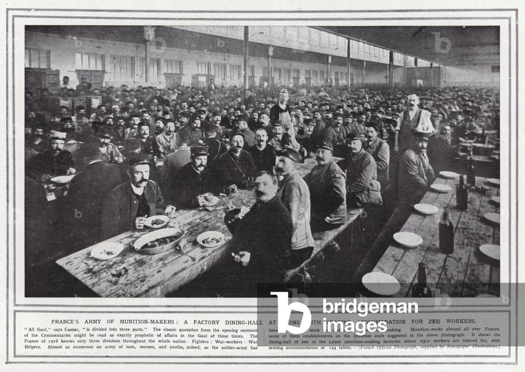 France's army of munition-makers, a factory dining-hall at Lyons with seating accommodation for 2300 workers (b/w photo)