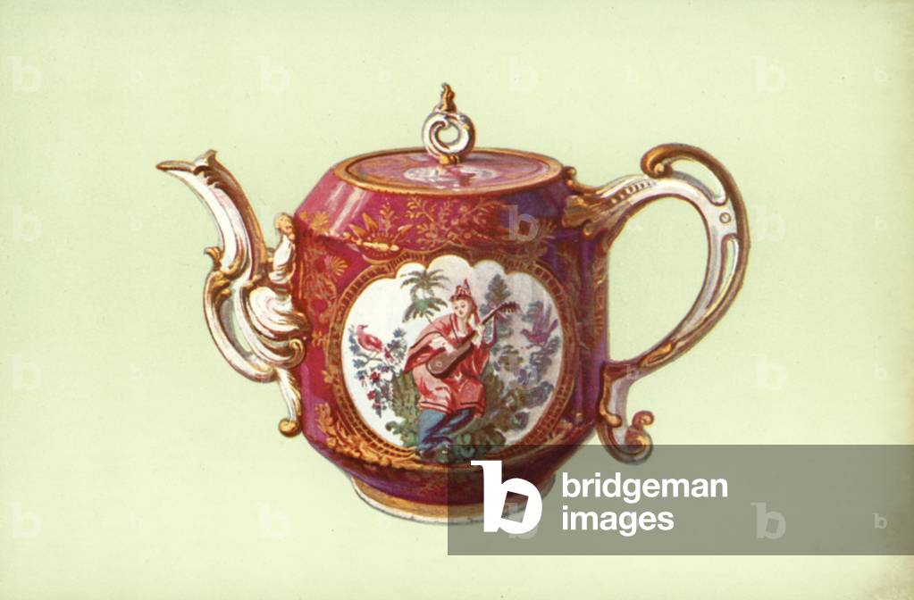 Teapot, Chelsea, Claret-colour, with Figures after Watteau (colour litho)
