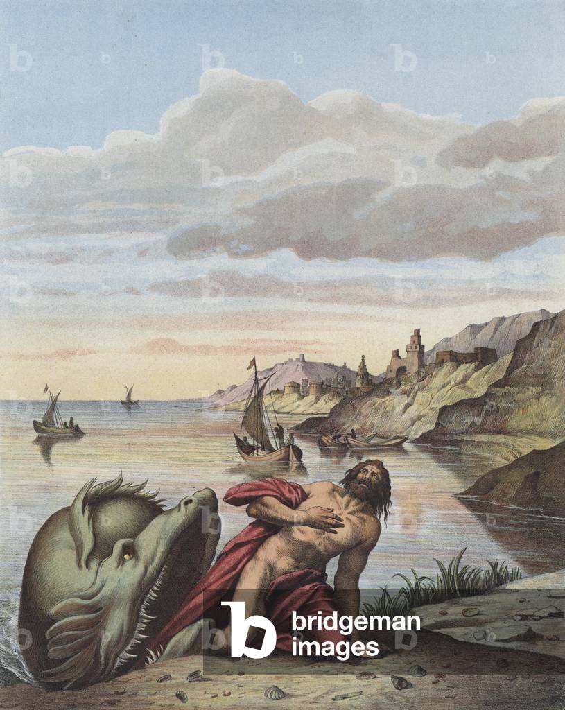 Jonah and the whale (colour litho)