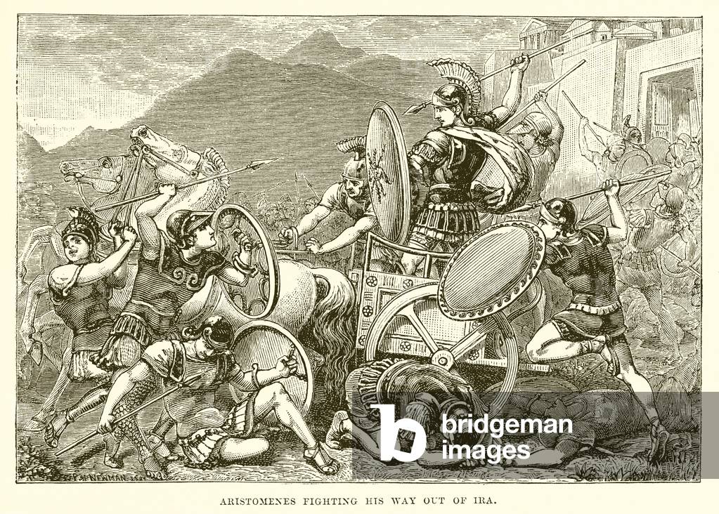 Aristomenes fighting his way out of Ira (engraving)