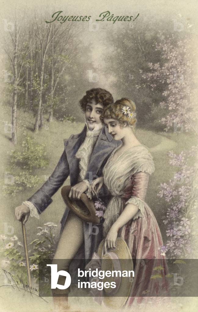 Walking couple (colour litho)