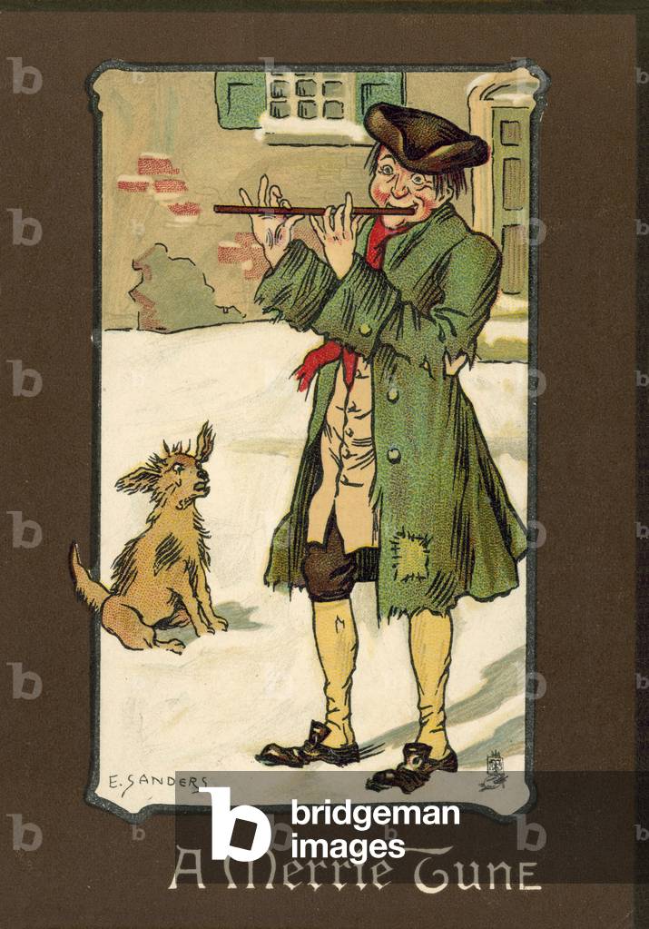 A merrie tune, man playing the flute in the snow (colour litho)