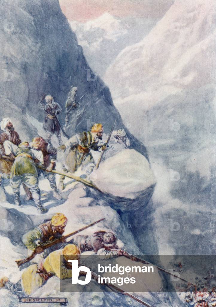 Crushed by rolling stones, mown down by volleys of musket-shot, the men fell in hundreds (colour litho)