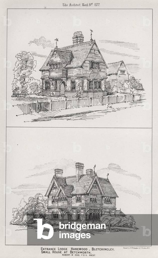Entrance Lodge, Harewood, Bletchingley; Small House at Betchworth (engraving)