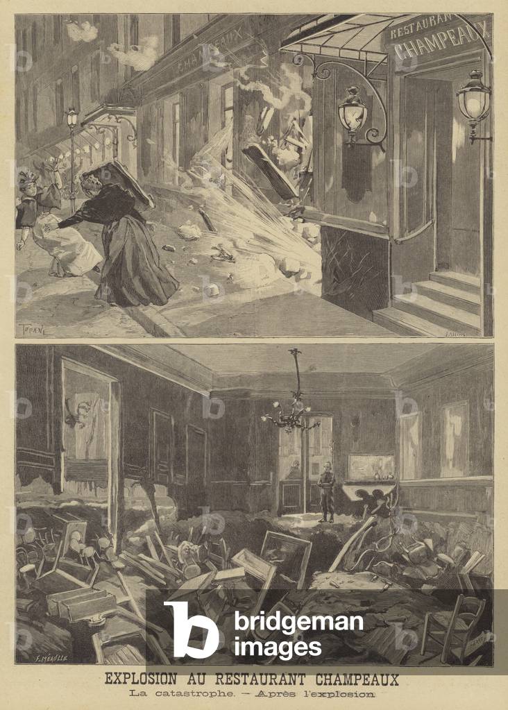 Explosion at the Restaurant Champeaux, Paris (litho)