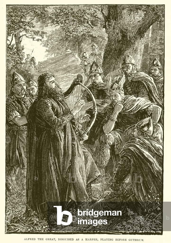 Alfred the Great, disguised as a harper, playing before Guthrum (engraving)