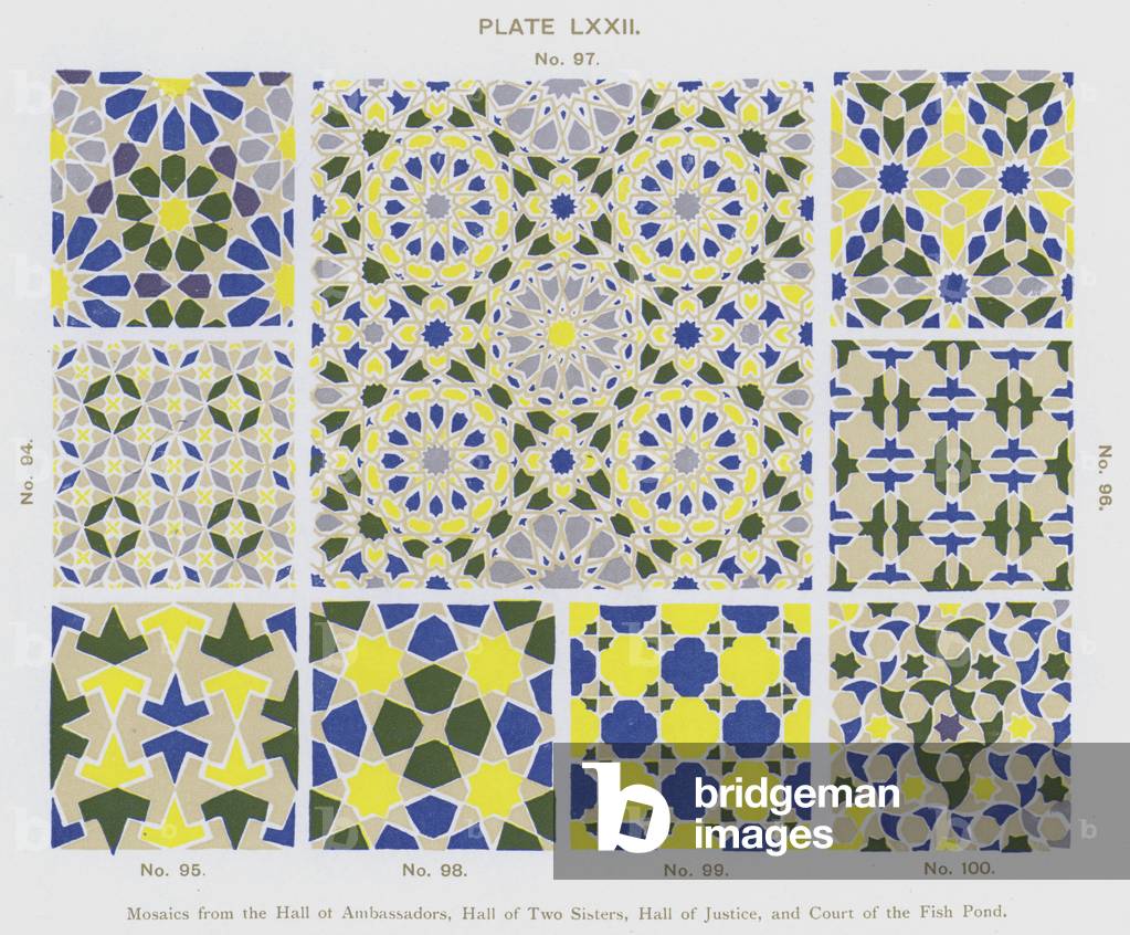 Mosaics from the Hall of Ambassadors, Hall of Two Sisters, Hall of Justice, and Court of the Fish Pond (colour litho)