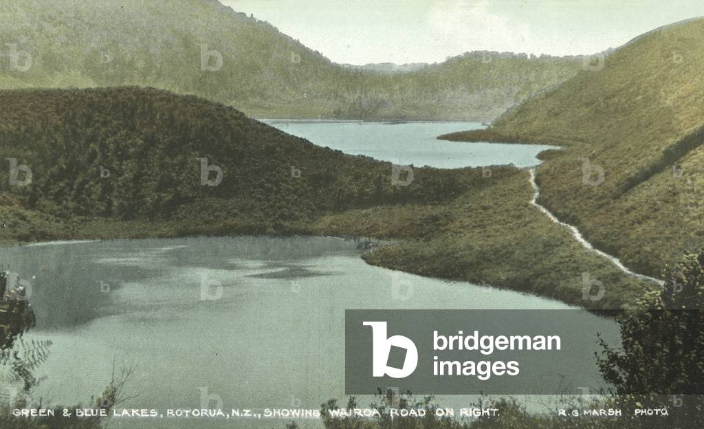 Green and Blue Lakes, Rotorua, NZ, showing Wairoa Road on right (colour photo)
