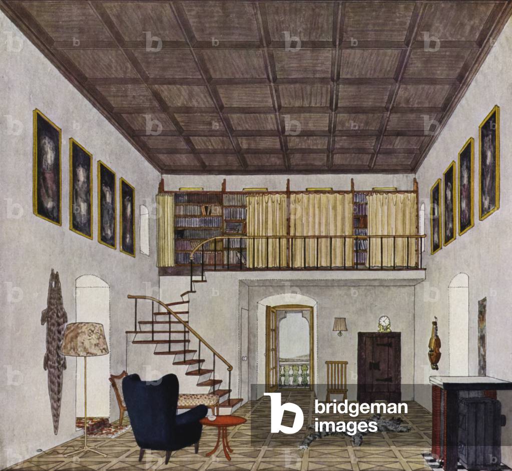 1930s interiors: Room in a tower (colour litho)