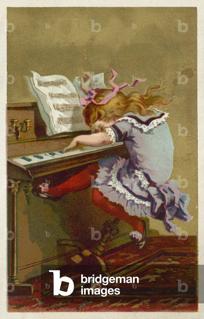 Girl playing a piano (chromolitho)