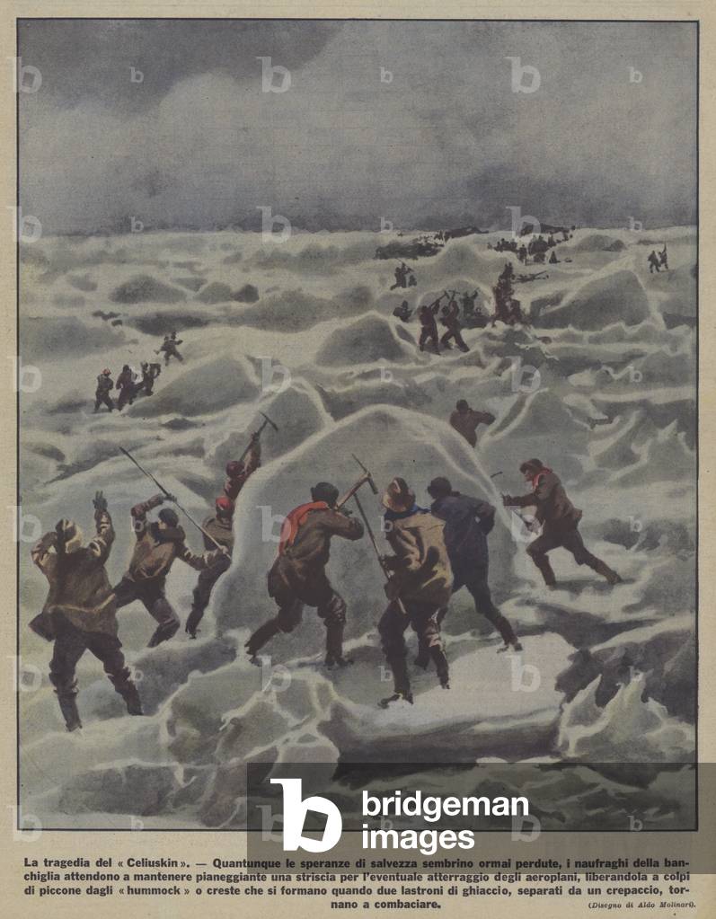 The crew of the Soviet steamship Chelyuskin tring to level an airstrip on the Arctic ice (colour litho)