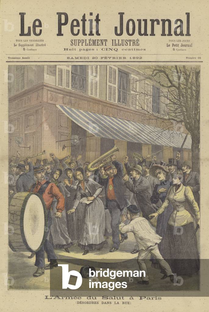 A Salvation Army band being receiving abuse on a Paris street (colour litho)
