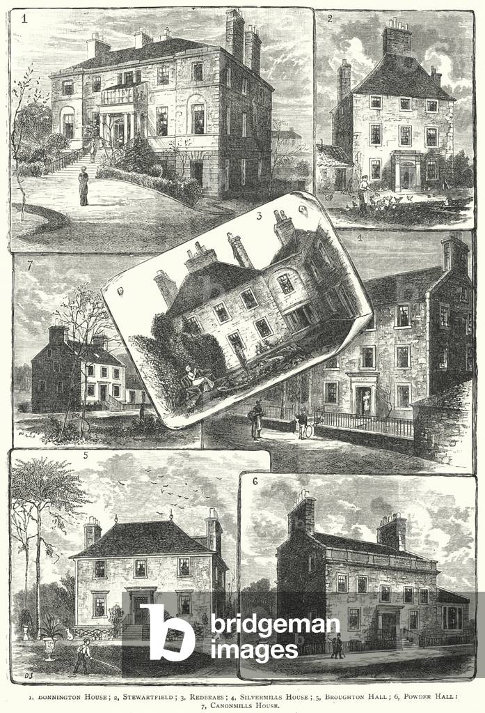 Bonnington House, Stewartfield, Redbraes, Silvermills House, Broughton Hall, Powder Hall, Canonmills House (engraving)