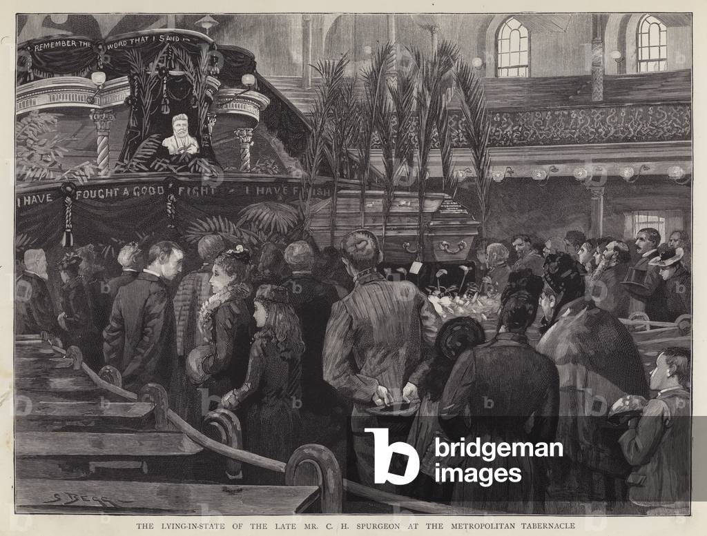 Lying in state of English Particular Baptist preacher Charles Haddon Spurgeon in the Metropolitan Tabernacle, Southwark, London, 1892 (litho)