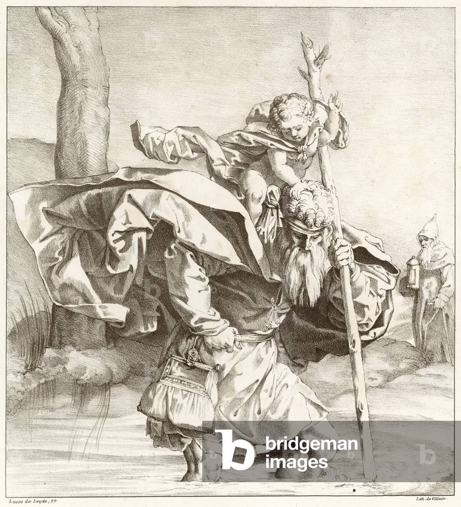 St Christopher carrying the Christ Child (litho)