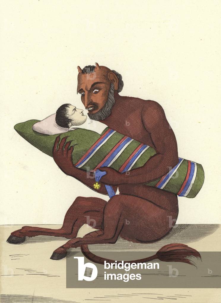 The little red man rocking his son (colour litho)