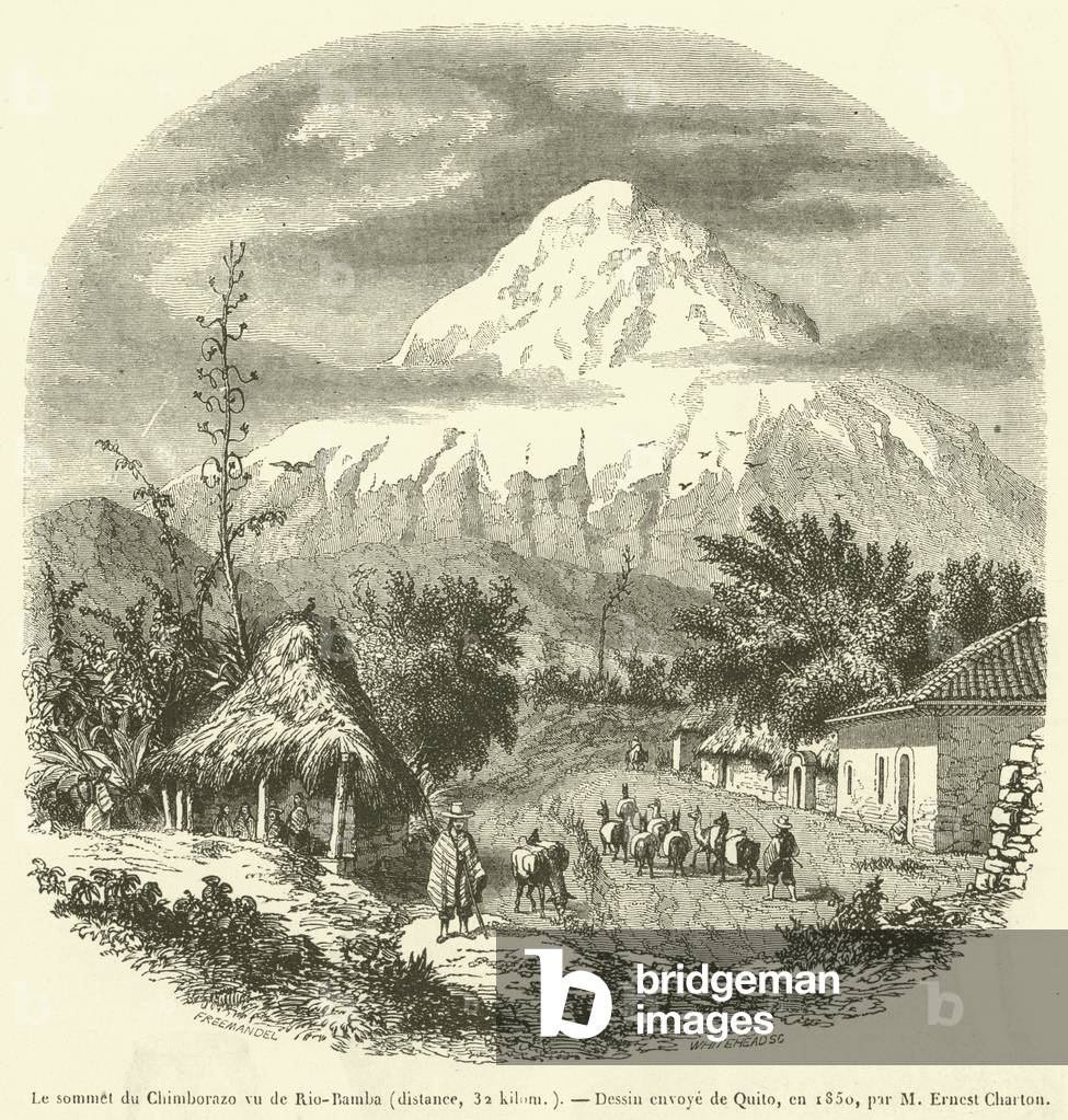 Le sommet du Chimborazo vu de Rio-Bamba, distance, 32 kilom (engraving)