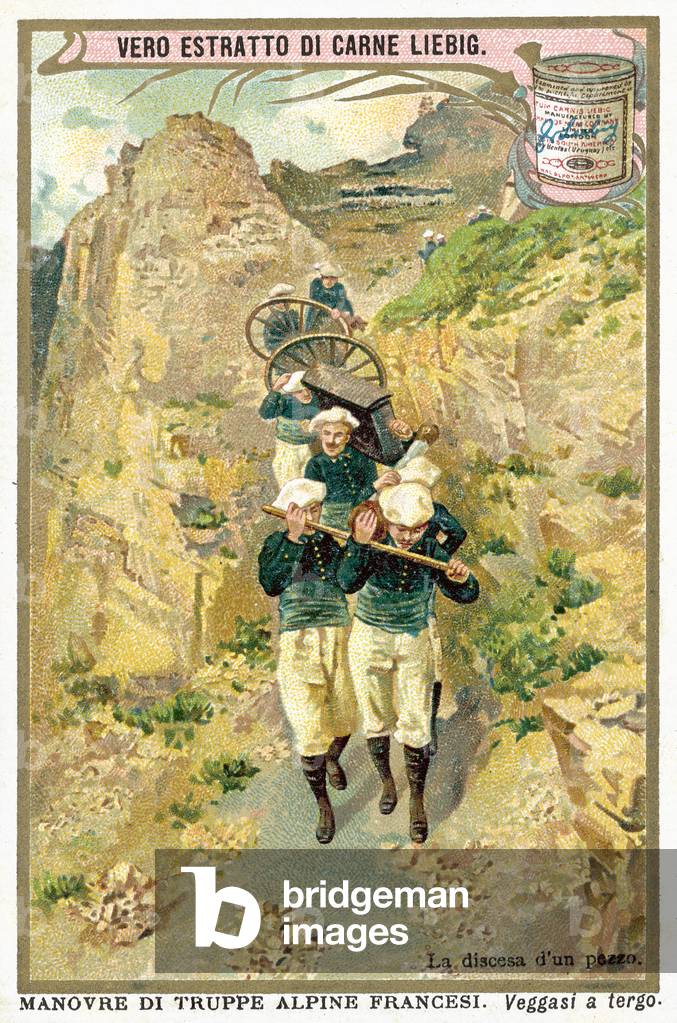 Carrying an artillery piece down a mountain path (chromolitho)