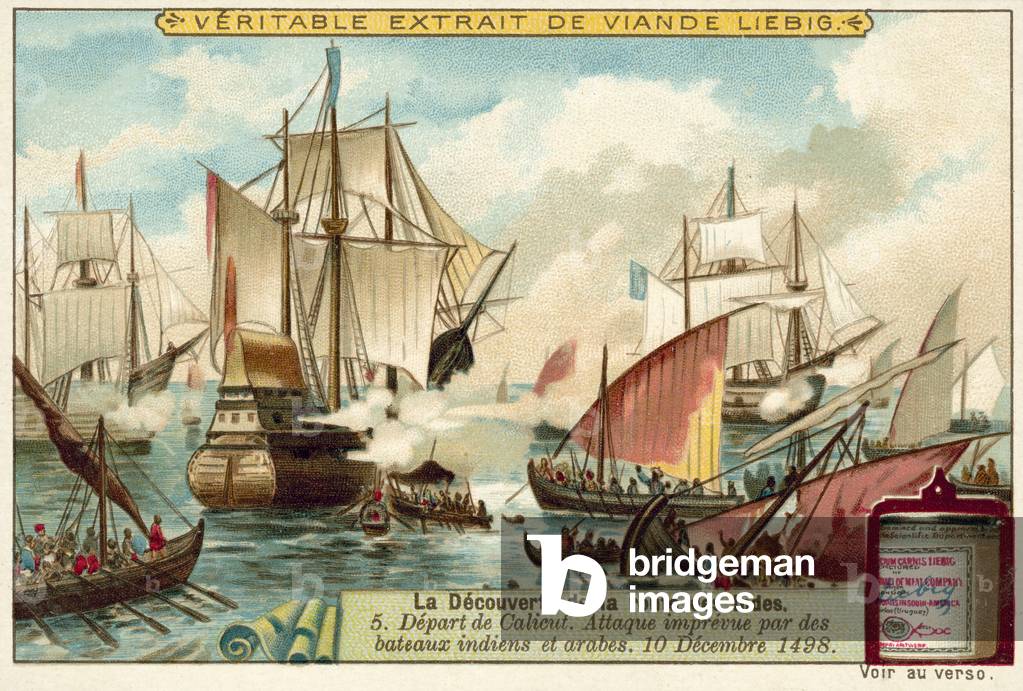 Vasco da Gama leaving Calicut under unexpected attack from Indian and Arab boats, December 1498 (chromolitho)