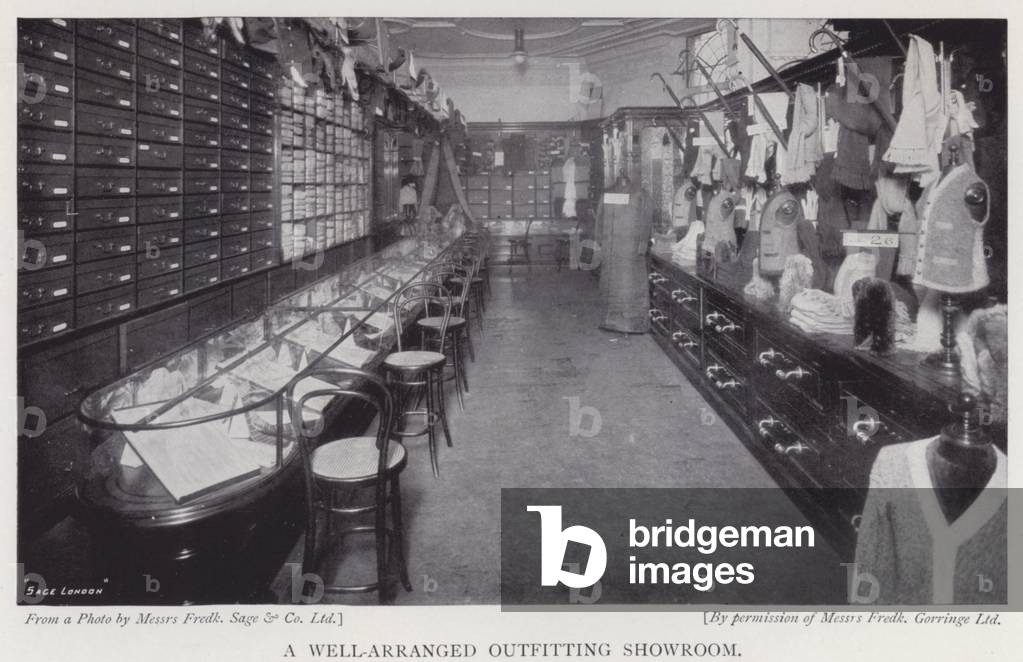 A well-arranged outfitting showroom (b/w photo)