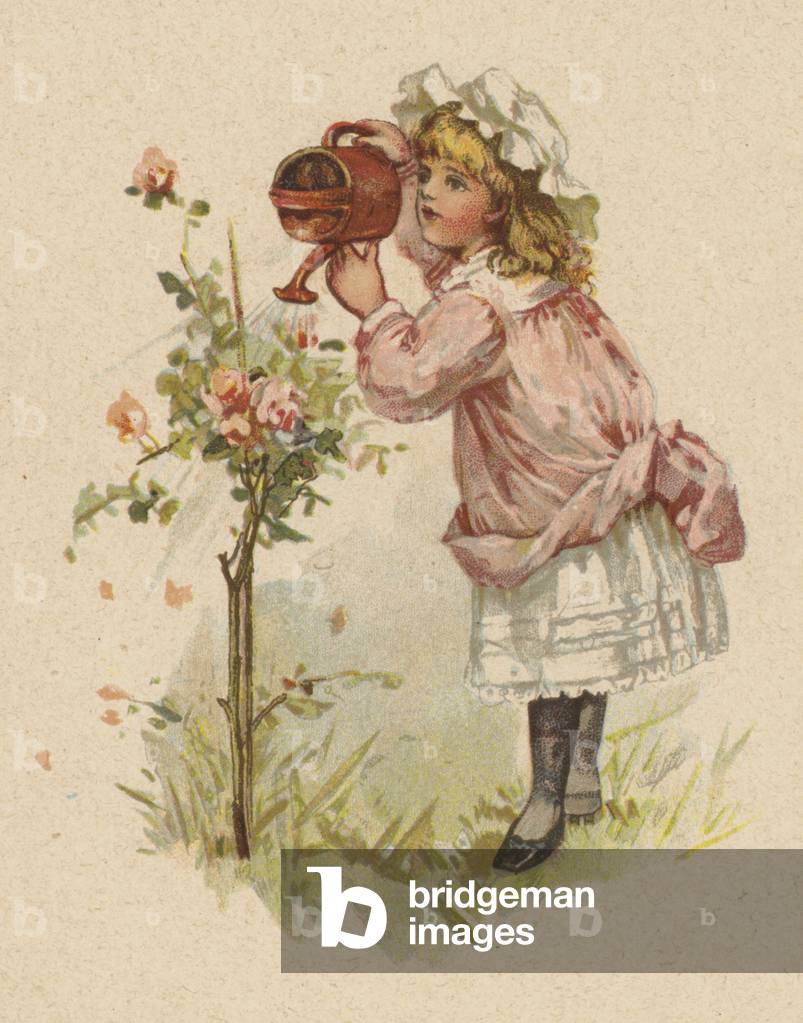 Girl watering roses (chromolitho)