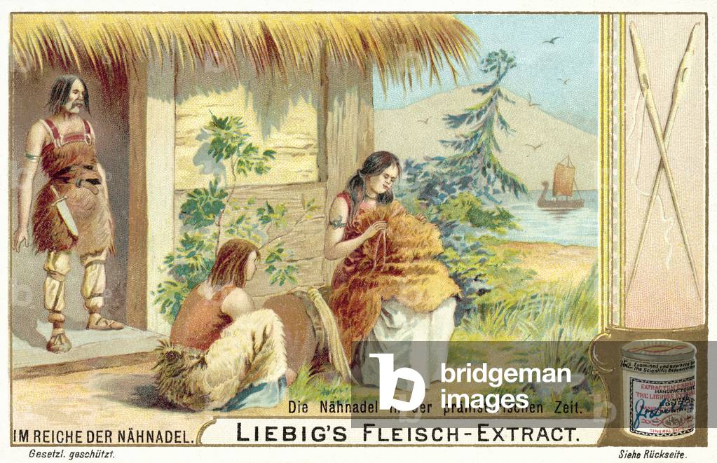The sewing needle in prehistoric times (chromolitho)