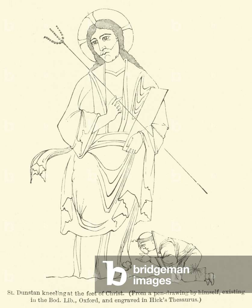 St Dunstan kneeling at the feet of Christ, from a pen-drawing by himself, existing in the Bod Lib, Oxford, and engraved in Hick's Thesaurus (engraving)