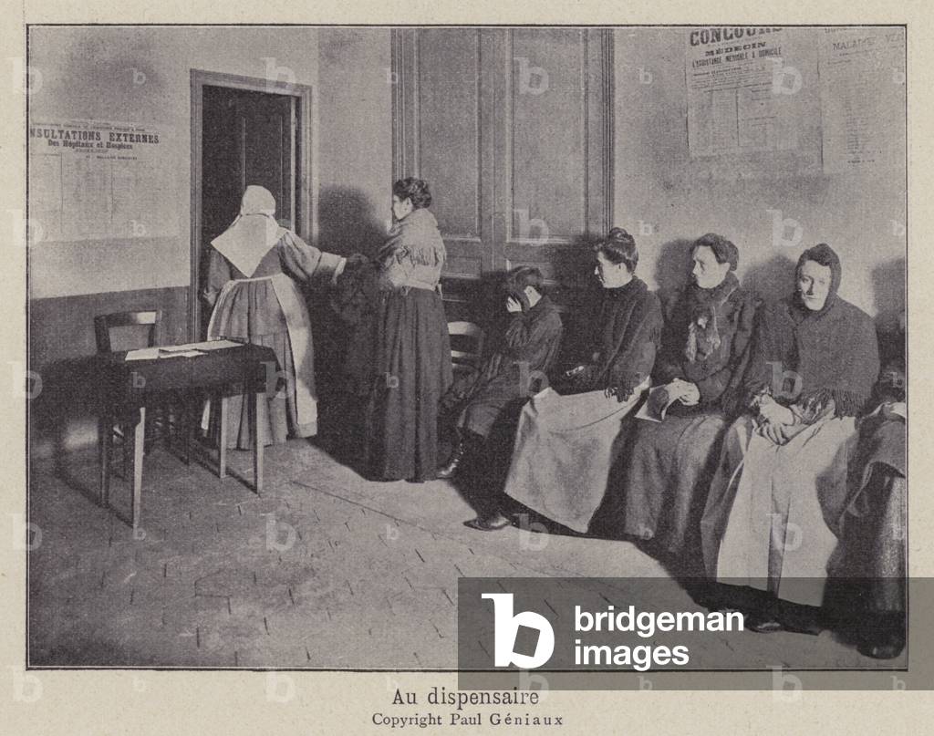 Women waiting to collect medicines at a dispensary (b/w photo)