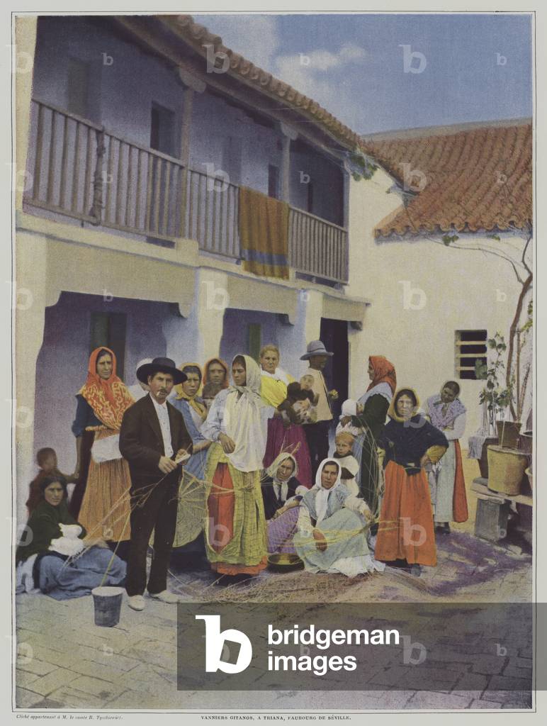 Gypsy weavers at Triana, a suburb of Seville (colour litho)