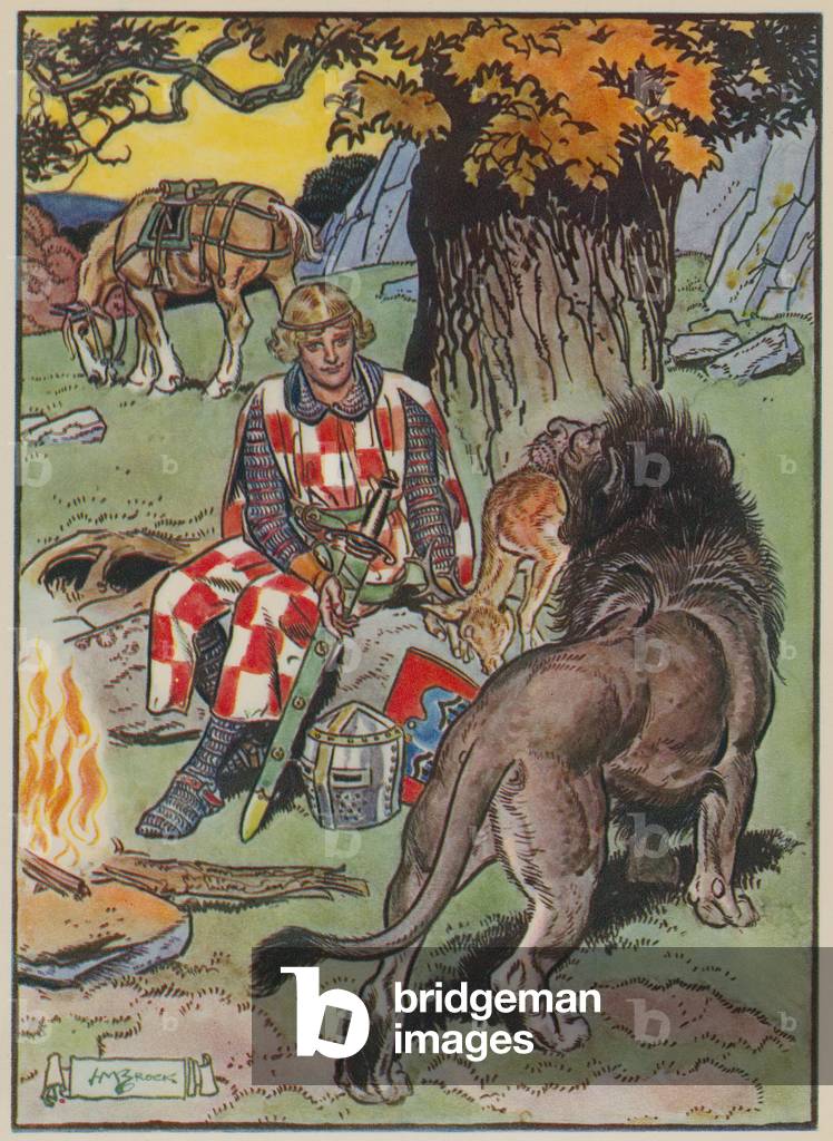 The lion brings food to Owain (colour litho)