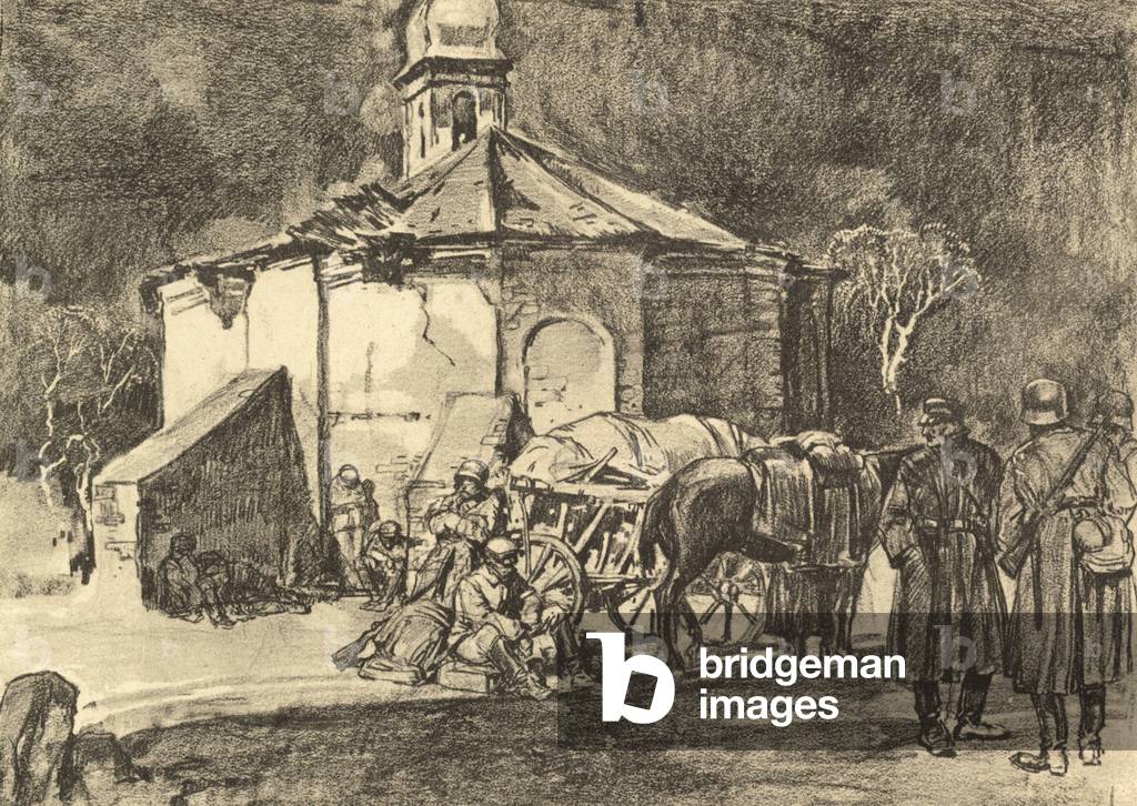 Rest at the church in Focsani (litho)